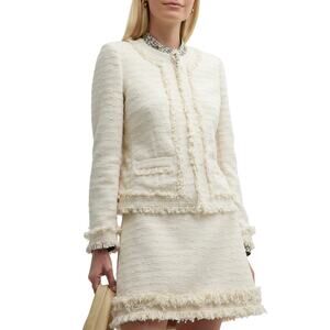 Tory Burch Fringe-Trim Tweed Jacket New Ivory Cotton Size 00